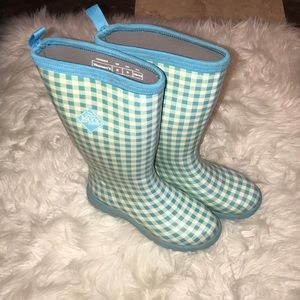 Blue and white checkered Muck rain boots